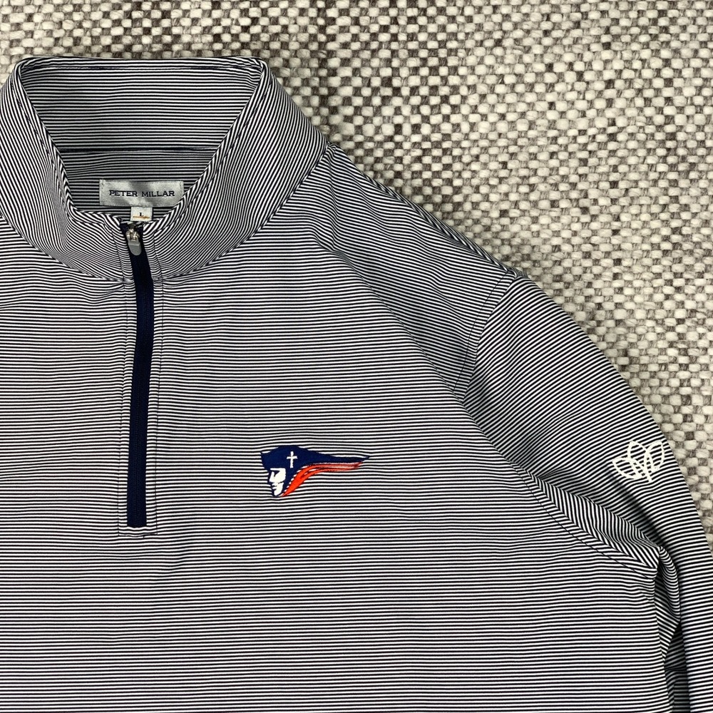 Peter Millar Quarter Zip Pullover Mens Large Blue White Stripe Patriots Golf